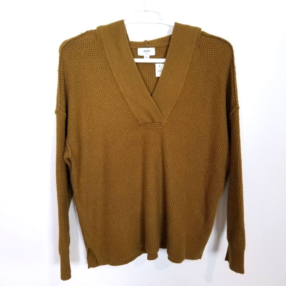 Aerie Women Cozy Up Waffle‎ Knit Hoodie Sz S Brown V Neck Pullover